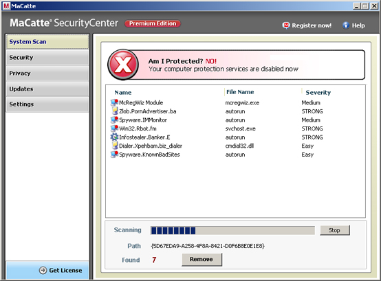 MaCatte Antivirus 2009 graphical user interface