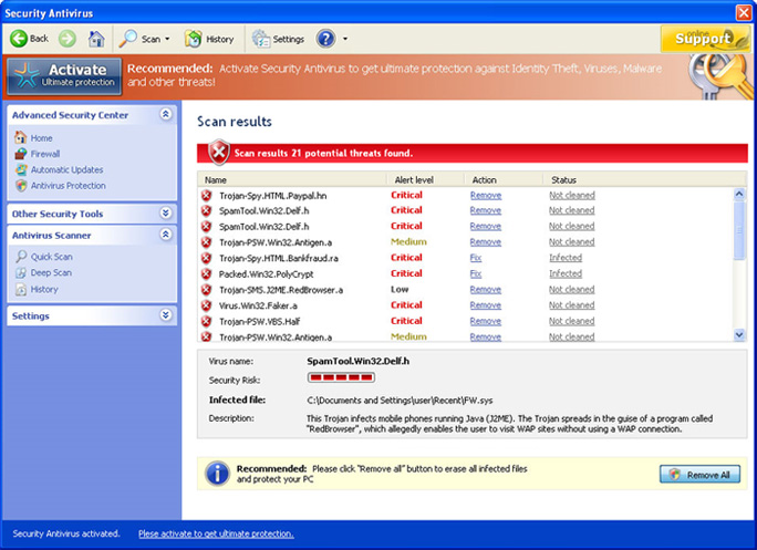 Security Antivirus graphical user interface