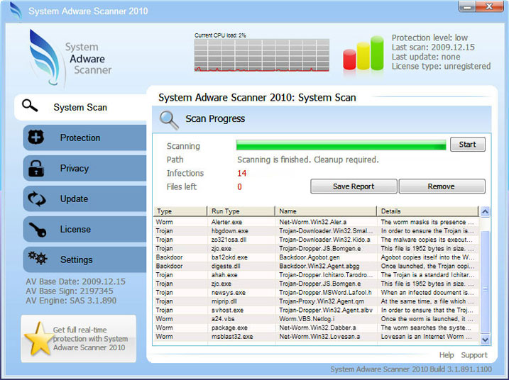 System Adware Scanner 2010 graphical user interface