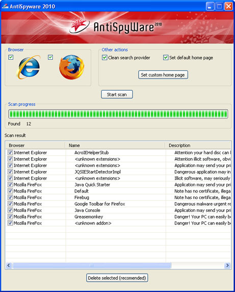 AntiSpyWare 2010 graphical user interface
