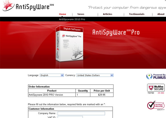 AntiSpyWare 2010 purchase page