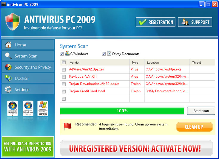 Antivirus PC 2009 graphical user interface