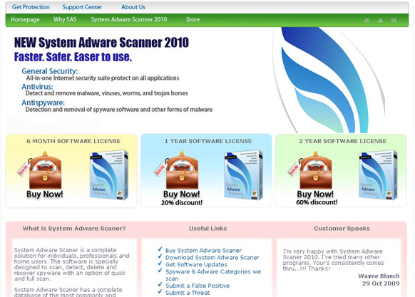 System Adware Scanner 2010 home page - sysadscanner.com