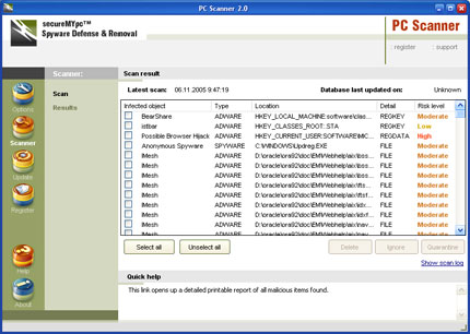 SecureMYpc Spyware Defense and Removal software