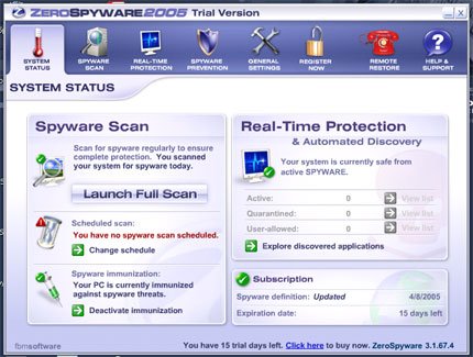 ZeroSpyware 2005 software