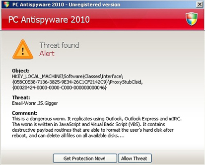 Threat found alert - Email-Worm.JS.Gigger removal