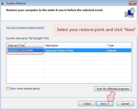 Select your restore point and click 'Next'