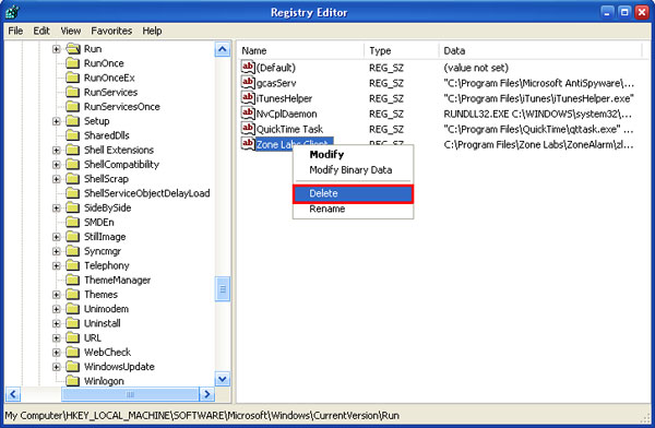 Manual removal of malicious registry entries