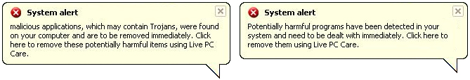 Live PC Care fake system alerts Live PC Care fake system alerts