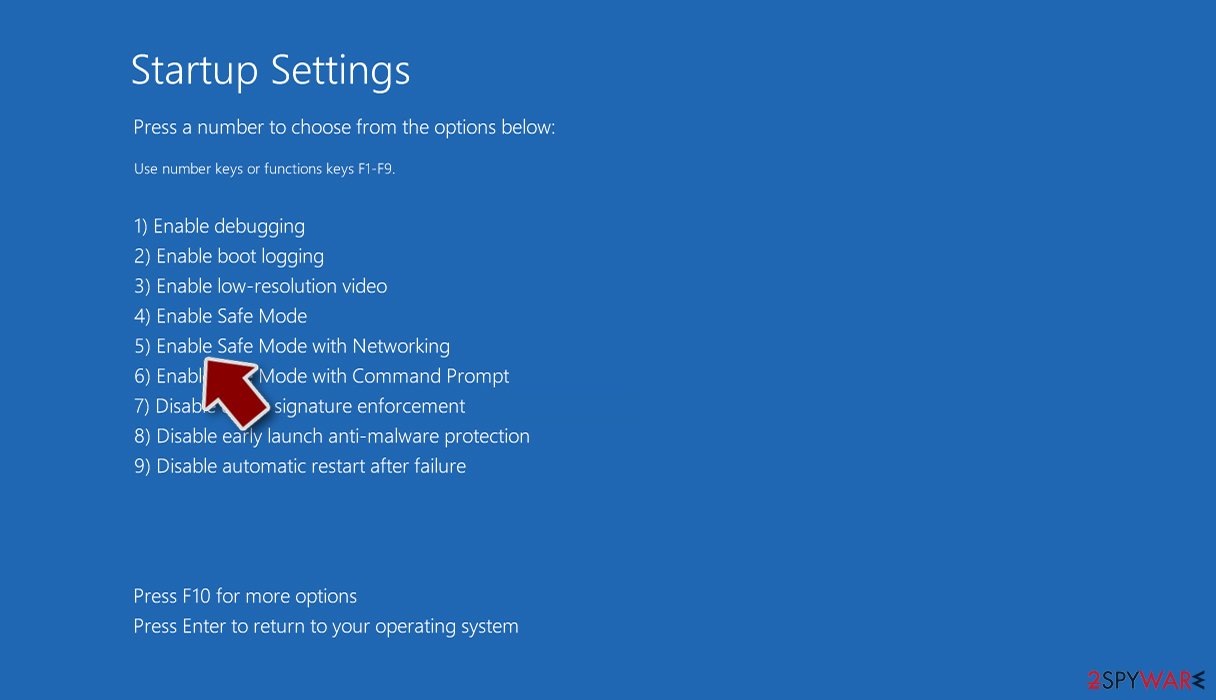 Press F5 to enable Safe Mode with Networking