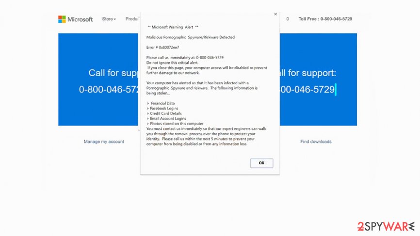 Screenshot of  "Microsoft Warning Alert" Tech support scam virus