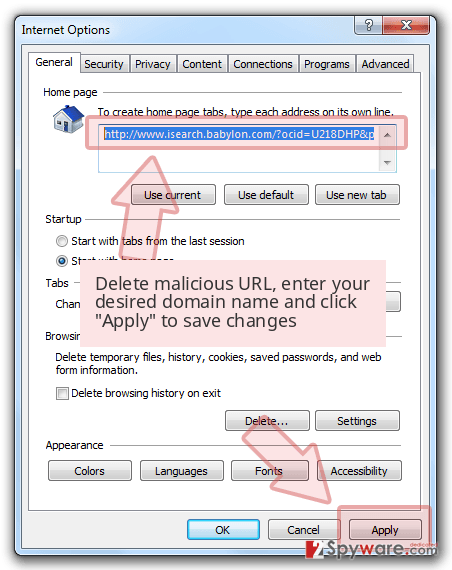 Delete malicious URL, enter your desired domain name and click 'Apply' to save changes 