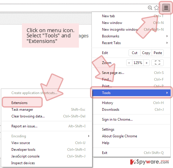 Click on menu icon. Select 'Tools' and 'Extensions' 