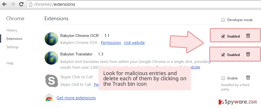 Look for malicious entries and delete each of them by clicking on the Trash bin icon Look for malicious entries and delete each of them by clicking on the Trash bin icon
