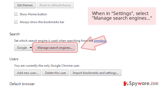 When in 'Settings', select 'Manage search engines...' When in 'Settings', select 'Manage search engines...'