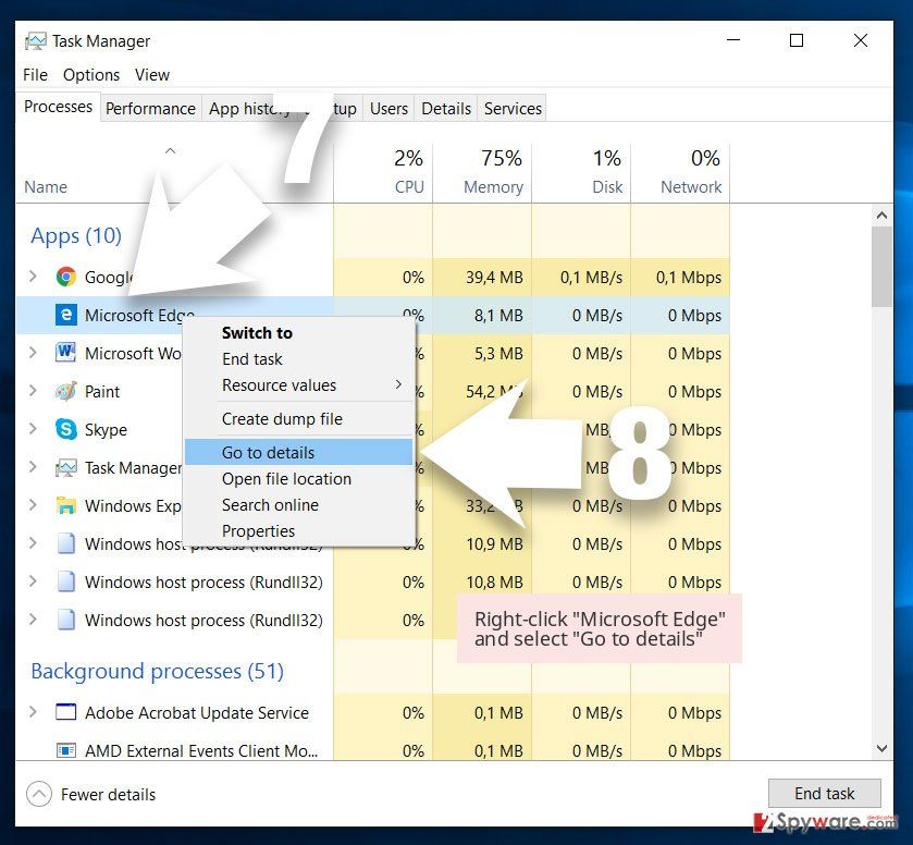 Right-click 'Microsoft Edge' and select 'Go to details' 