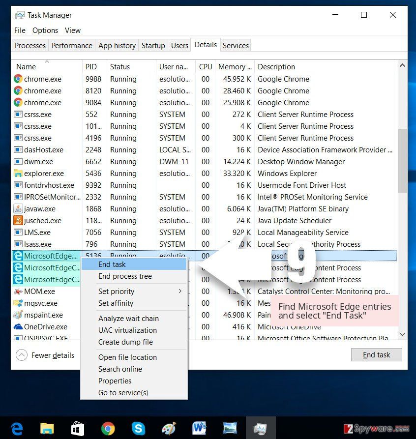 Find Microsoft Edge entries and select 'End Task' Find Microsoft Edge entries and select 'End Task'