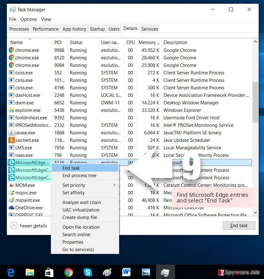 Find Microsoft Edge entries and select 'End Task' 
