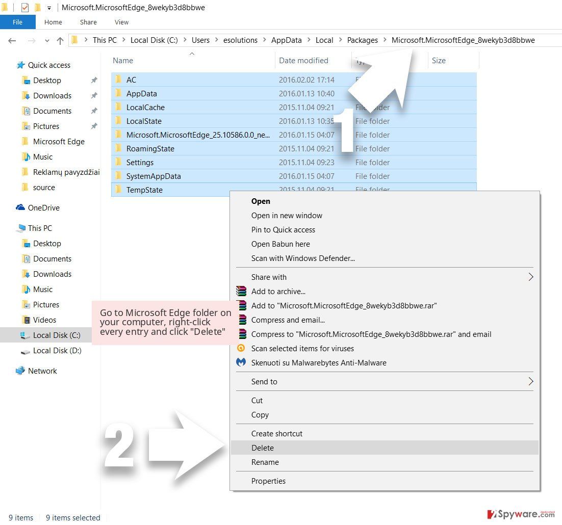 Go to Microsoft Edge folder on your computer, right-click every entry and click 'Delete' Go to Microsoft Edge folder on your computer, right-click every entry and click 'Delete'