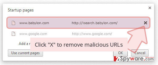 Click 'X' to remove malicious URLs Click 'X' to remove malicious URLs