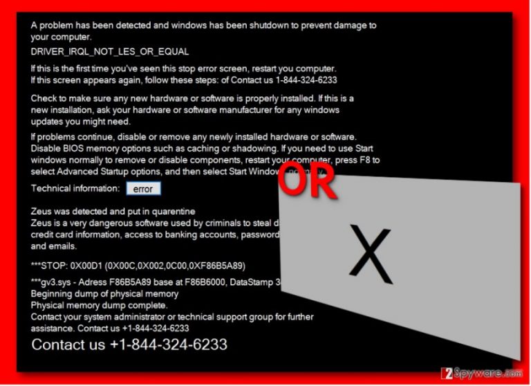 1-844-324-6233 Tech Support Scam virus displays either one or another screen