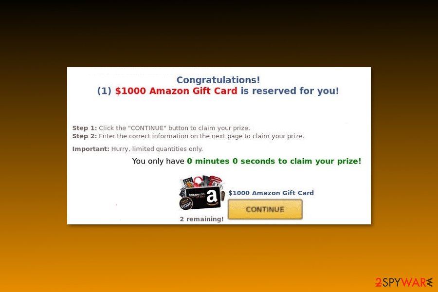 Example of  “$1000 Amazon Gift Card is reserved for you” virus
