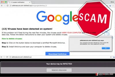 Tech support scam malware displays fake (13) Viruses have been detected on system alerts