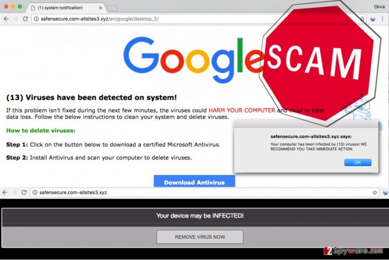 Tech support scam malware displays fake (13) Viruses have been detected on system alerts