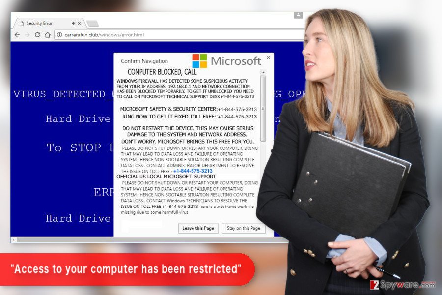 The illustration of "Access to your computer has been restricted" Tech support scam virus