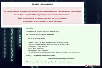 The ransom note by Adonis ransomware virus