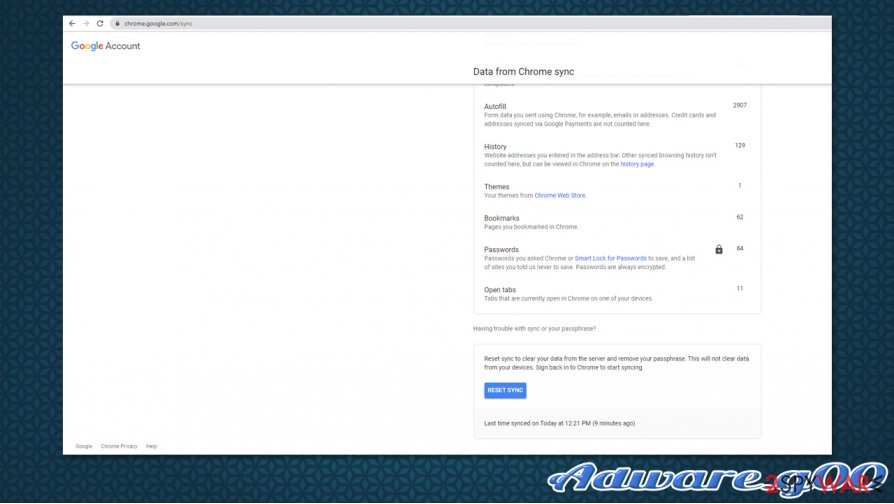Adware.g00 Chrome sync reset