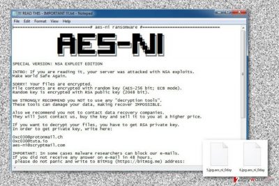 Ransom note by .Aes_ni_0day file extension virus