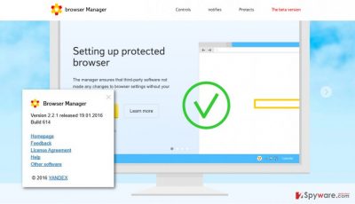 A screenshot of the Browser Manager by Yandex virus