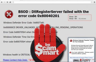 Image showing "BSOD : DllRegisterServer failed" virus pop-up