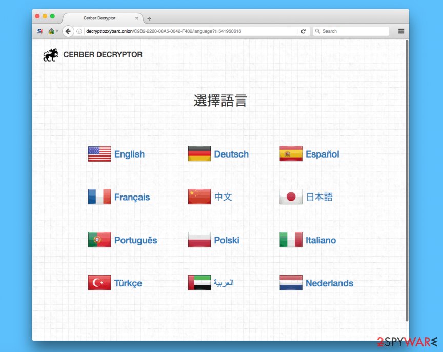 Payment page of Cerber asks to select language Payment page of Cerber asks to select language