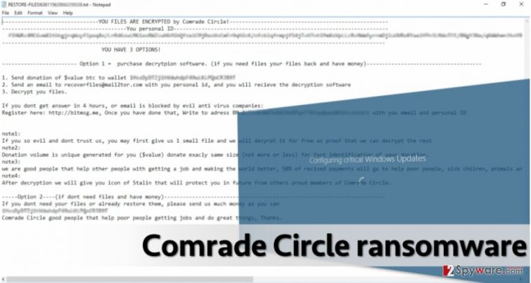 Comrade Circle virus ransom note and bogus Windows Update screen