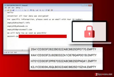 Screenshot of files encrypted by CryptoMix EMPTY virus and _HELP_INSTRUCTION.TXT ransom note