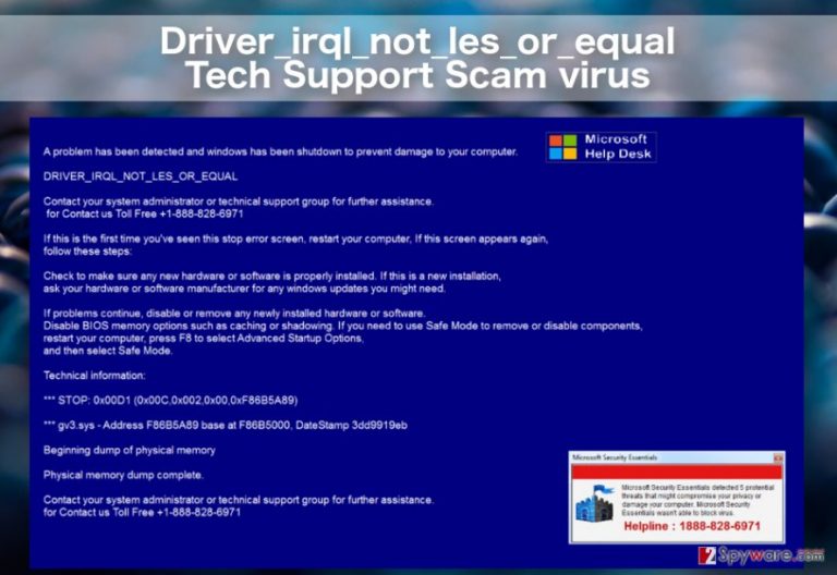 image of the Driver_irql_not_les_or_equal Tech support scam