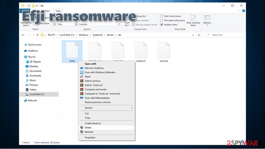 Efji ransomware modifies hosts file