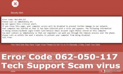 Picture of Error Code 062-050-117 Tech Support Scam virus