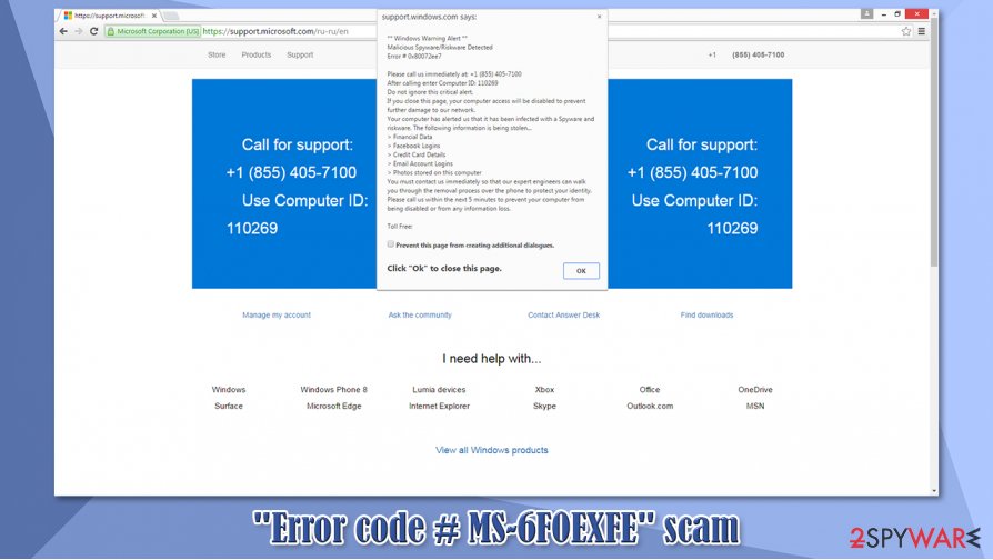 "Error code # MS-6F0EXFE" scam popup