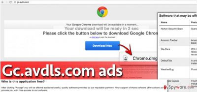 Screenshot of Gc.avdls.com pop-up and pieces of information from the official page of this adware