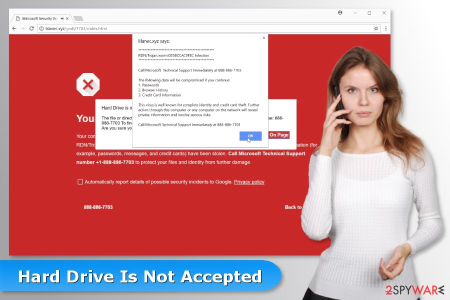 The picture of "Hard Drive Is Not Accepted" tech support scam