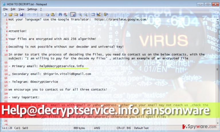 Ransom note from help@decryptservice.info ransomware virus