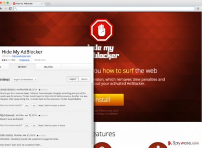 Screenshot of Hide My AdBlocker virus website and user reviews