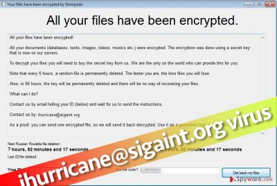 Image shows ihurricane@sigaint.org virus' ransom note