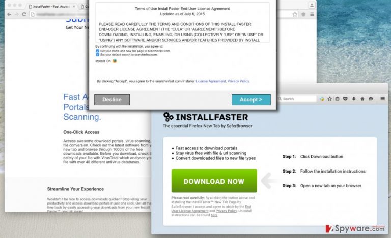 Screenshot of InstallFaster New Tab redirect virus installation