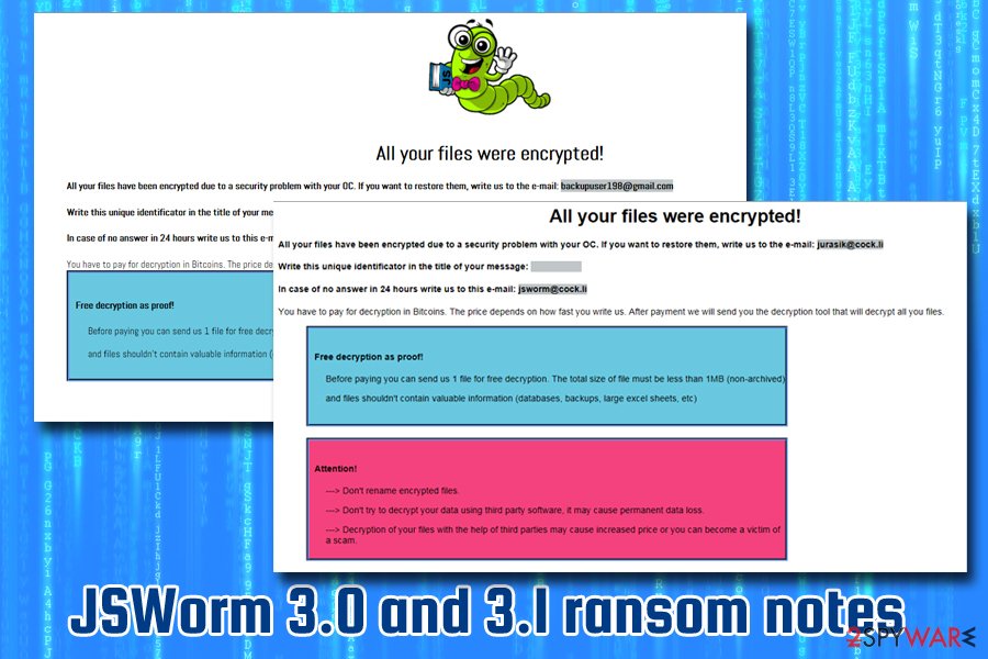 JSWorm 3.0 and 3.1 ransom notes