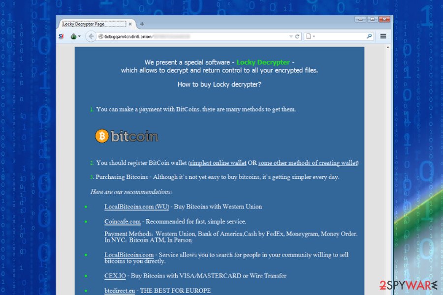 Locky Decrypter website seen on Tor browser