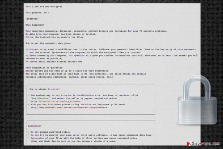 Ransom note by Mich78 ransomware virus